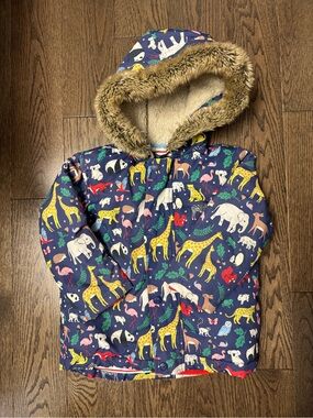 Baby Boden Navy Hooded Coat with Multicolored Safari Animals 2/3